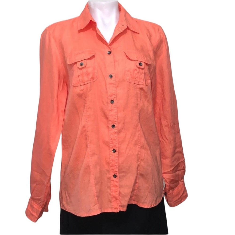 BLUE by Saks Fifth Avenue 100% Linen Orange Button Down Roll Sleeve Blouse MED